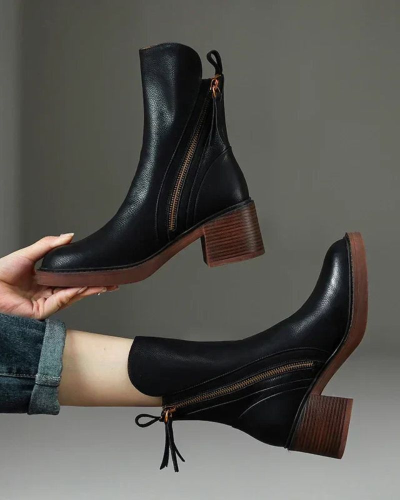 Valorine™ | Bota de piel negra con tacón cómodo, elegante y atemporal