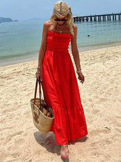 Off Shoulder Smocked Bust Vacation Maxi Dress