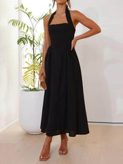 Waist Little Black Halter Neck Dress Mid Length Dress