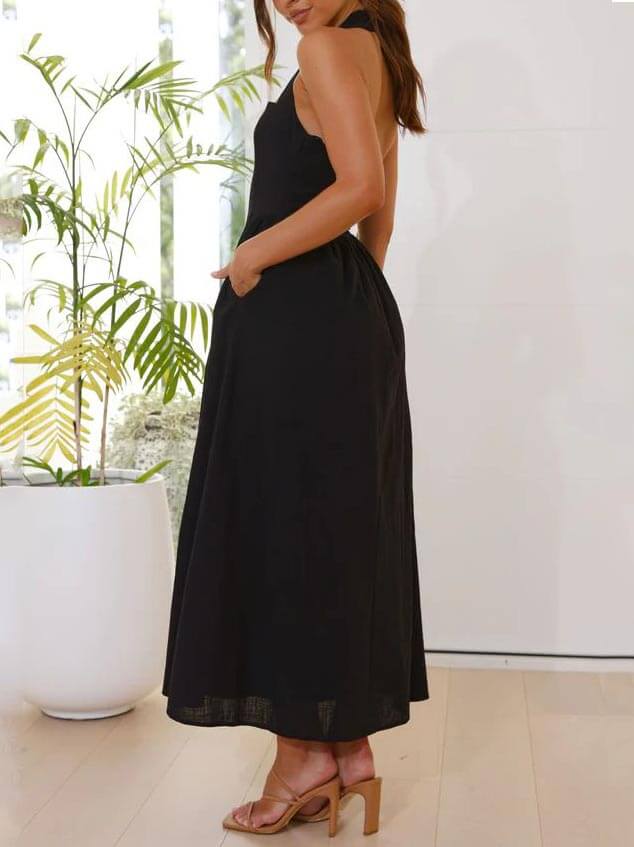Waist Little Black Halter Neck Dress Mid Length Dress