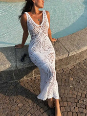 Beach Hollow V-neck Slim Sexy Midi Dress