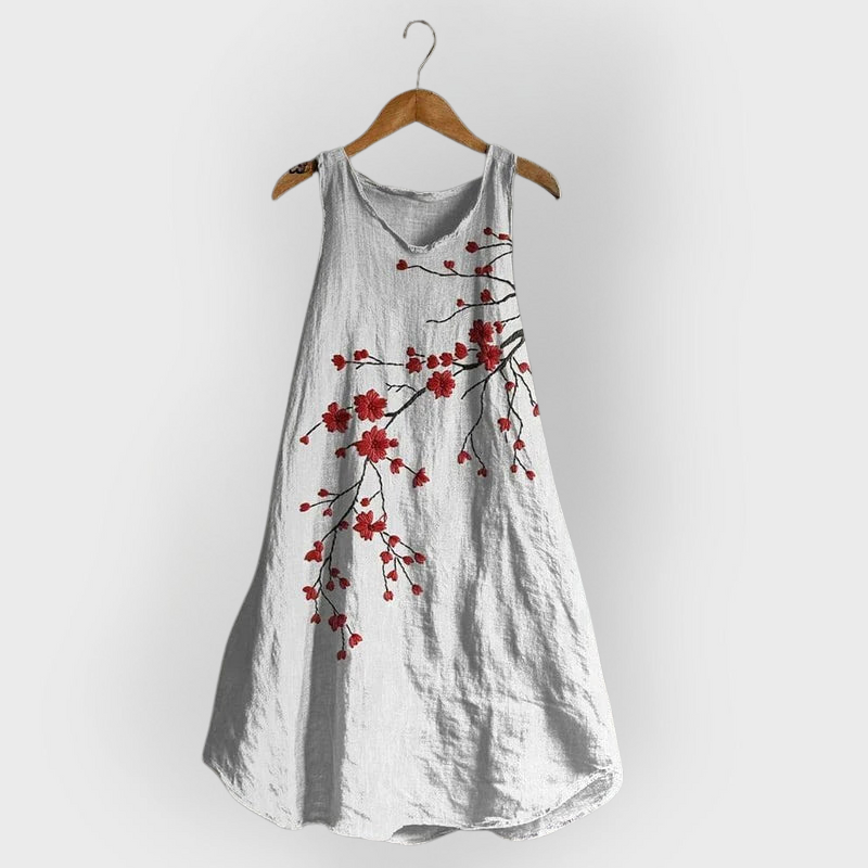 Camilla | Abito artigianale leggero in cotone con fiori rossi