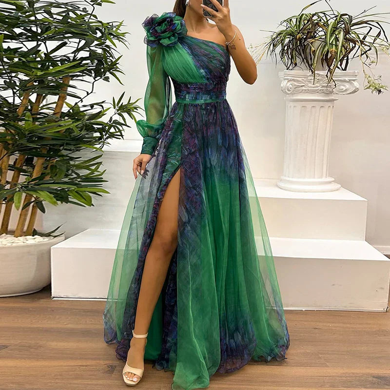 Judith | Abito lungo con stampa in rete e spalla unica alla moda
