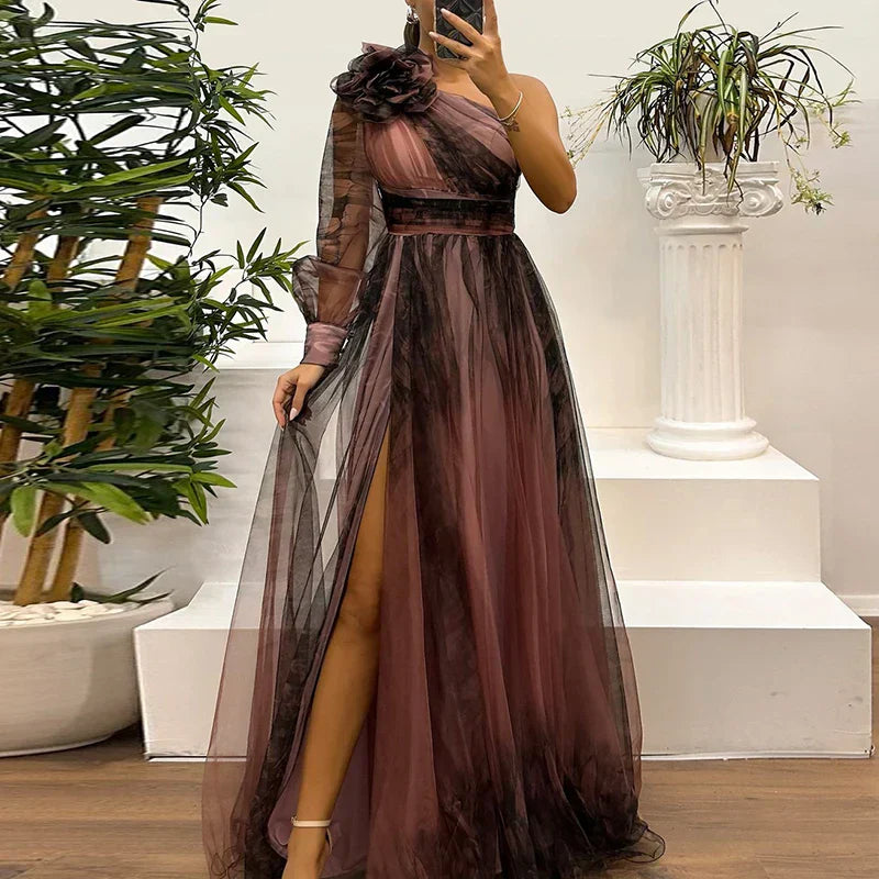 Judith | Abito lungo con stampa in rete e spalla unica alla moda