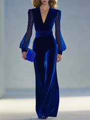 Sabrina™ - Long Royal Velvet Jumpsuit with V-Neck and Sheer Long Sleeves – Elegant & Retro