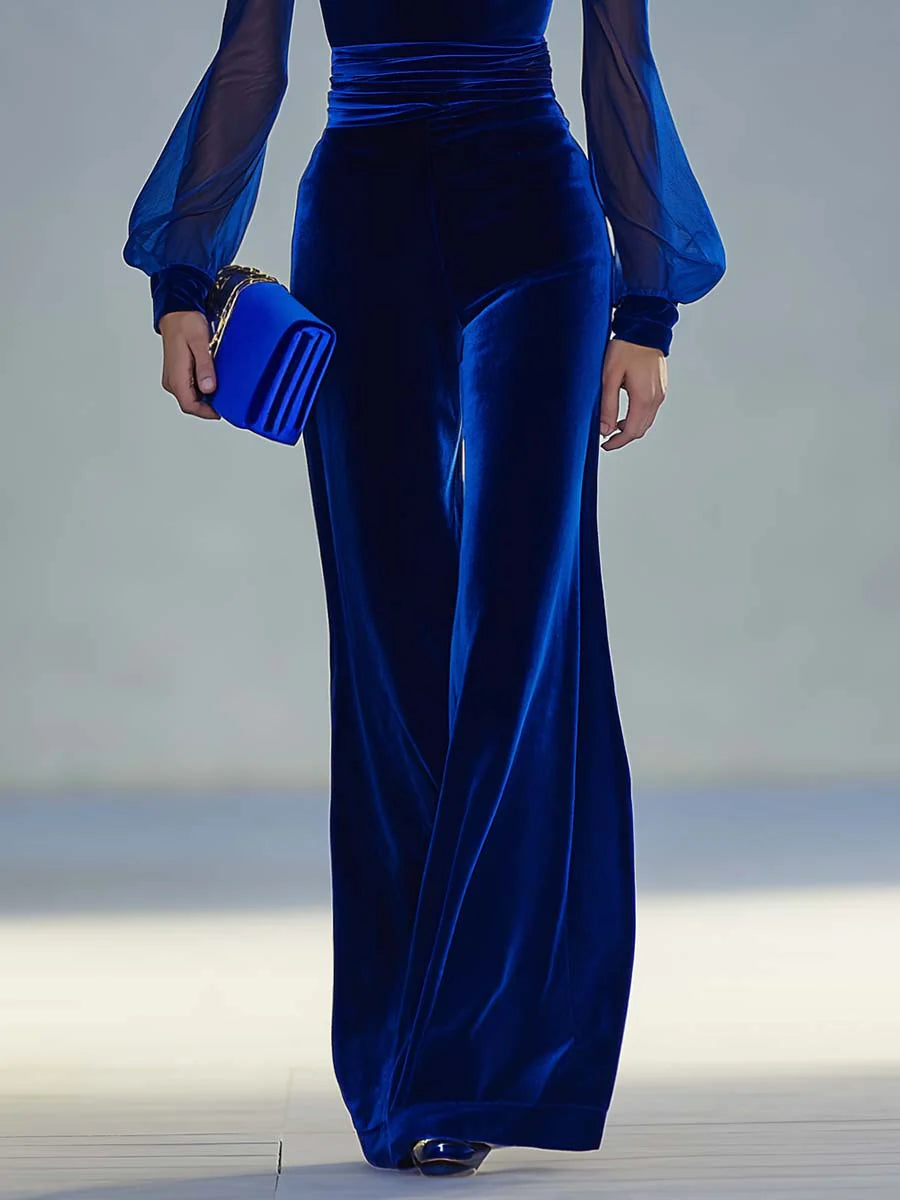 Sabrina™ - Long Royal Velvet Jumpsuit with V-Neck and Sheer Long Sleeves – Elegant & Retro