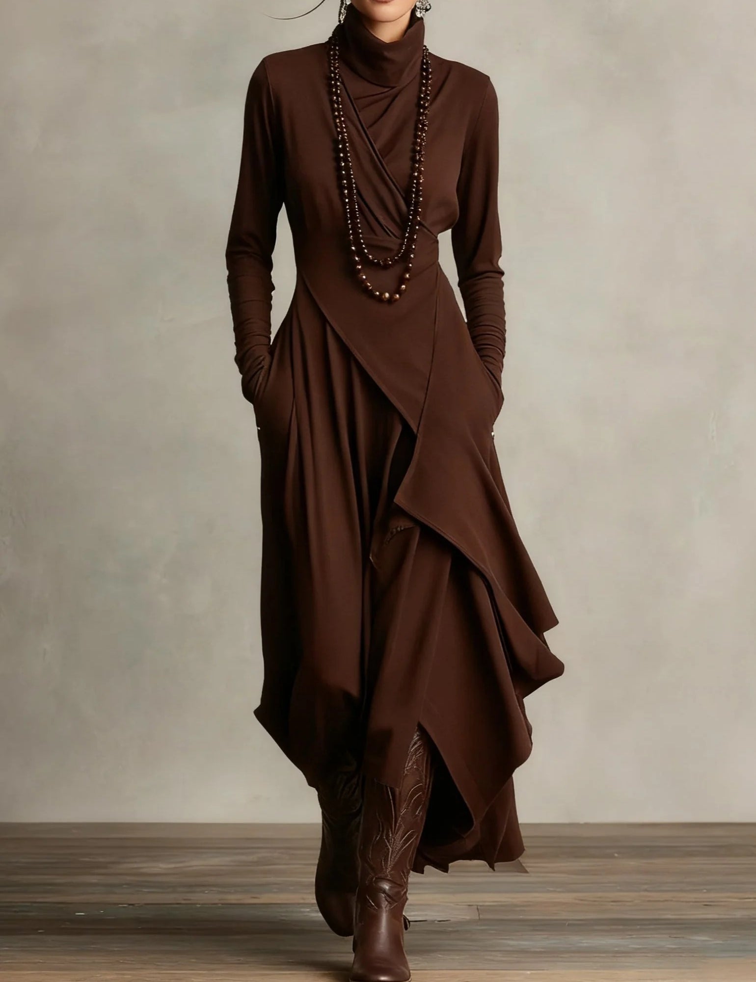 SANDRA | VESTIDO LARGO PLISADO ASIMÉTRICO CON CUELLO ALTO MORADO