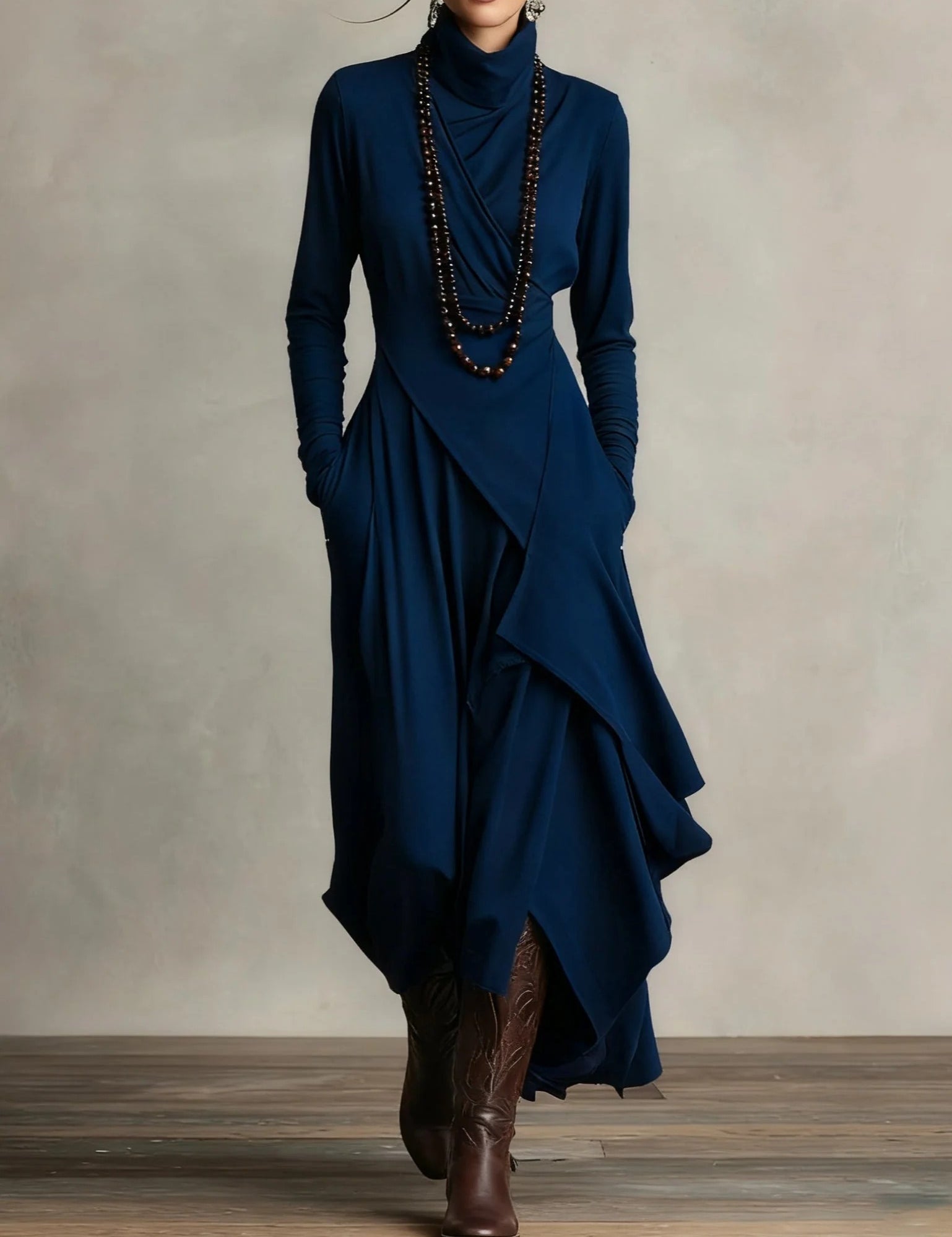 SANDRA | VESTIDO LARGO PLISADO ASIMÉTRICO CON CUELLO ALTO MORADO