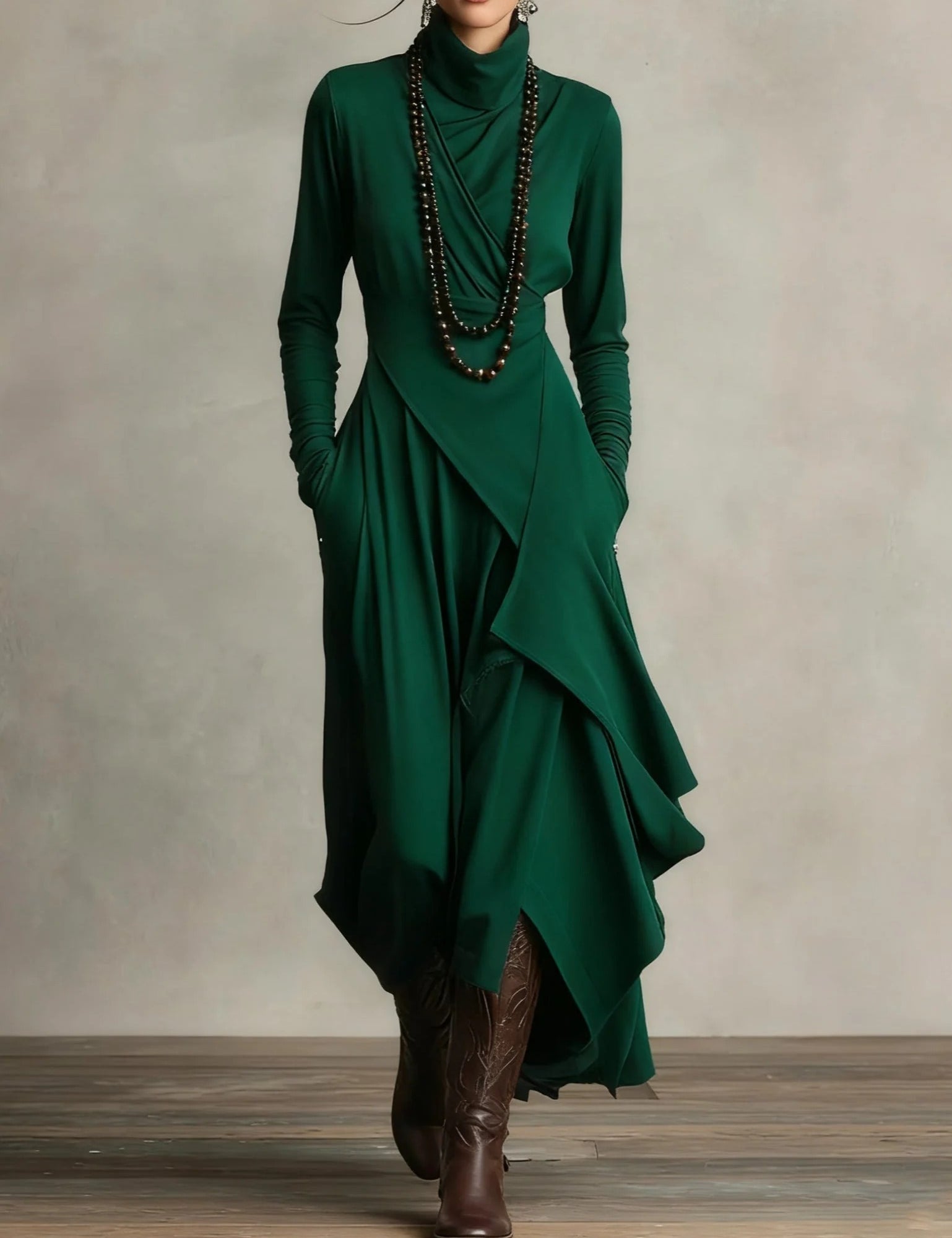 SANDRA | VESTIDO LARGO PLISADO ASIMÉTRICO CON CUELLO ALTO MORADO